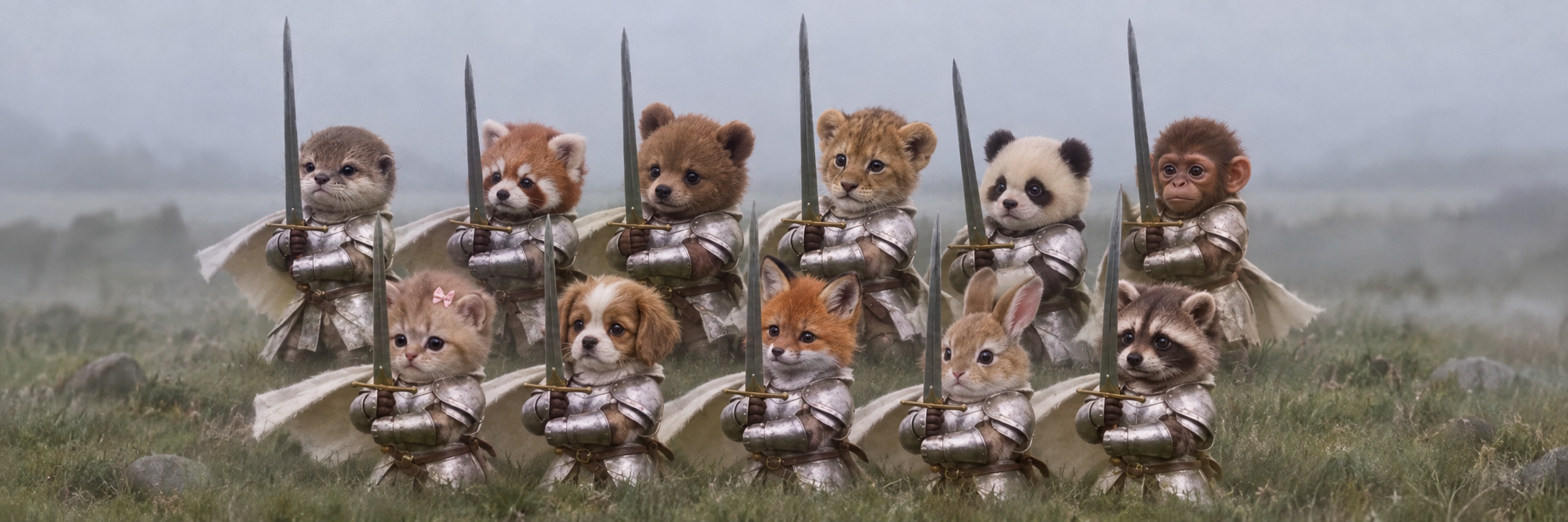 The WifSword animal characters gathered together in silver armor, holding swords on a misty field